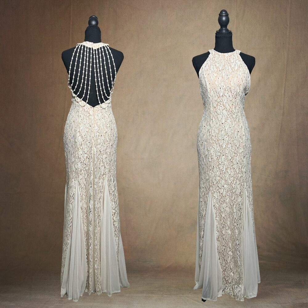 Champagne Beaded Mermaid Dress ✨ Open Back Necklace Detail Coquette After Dark